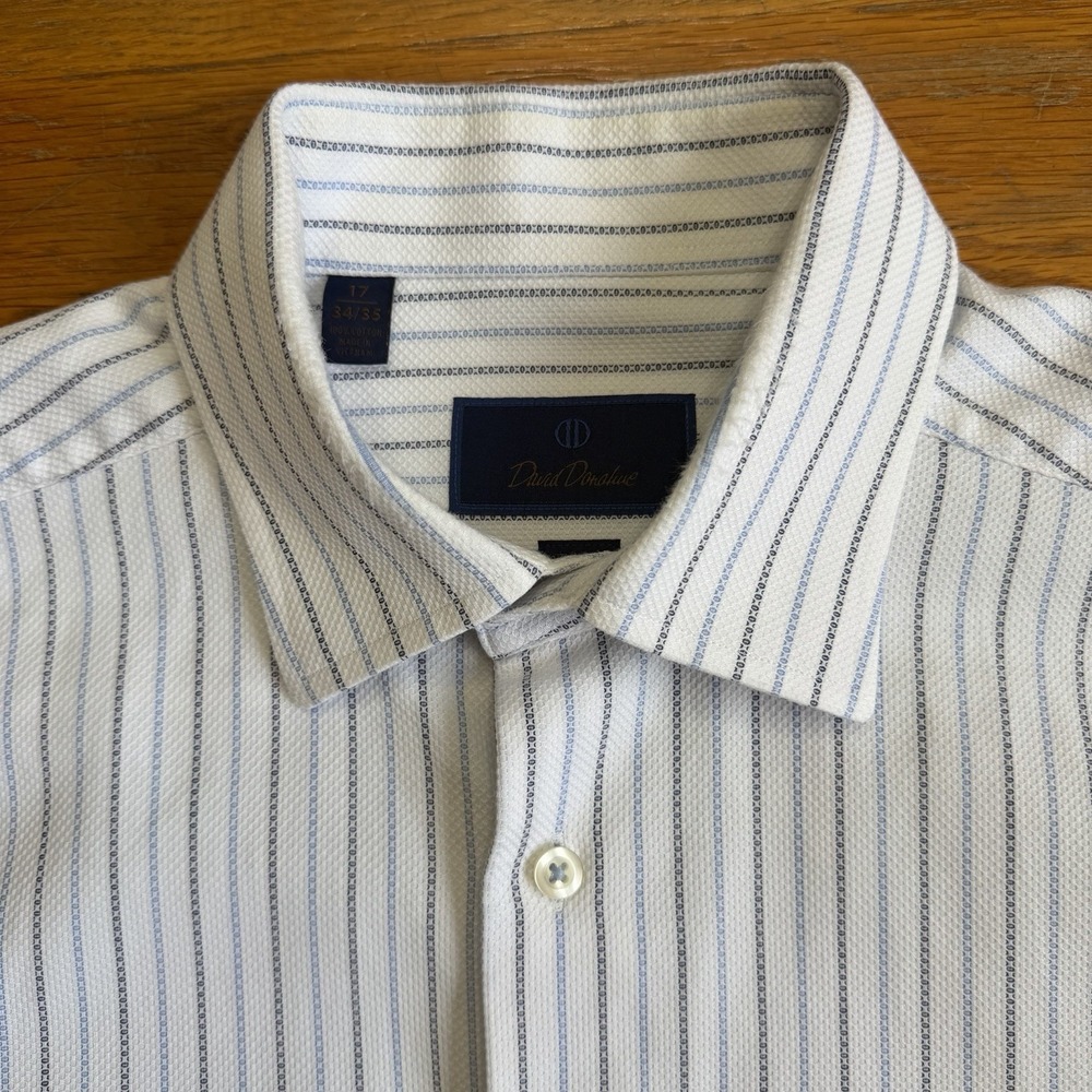 David Donahue Dress Shirt Mens 17 34/35 White Blue Stripe Cotton Long Sleeve